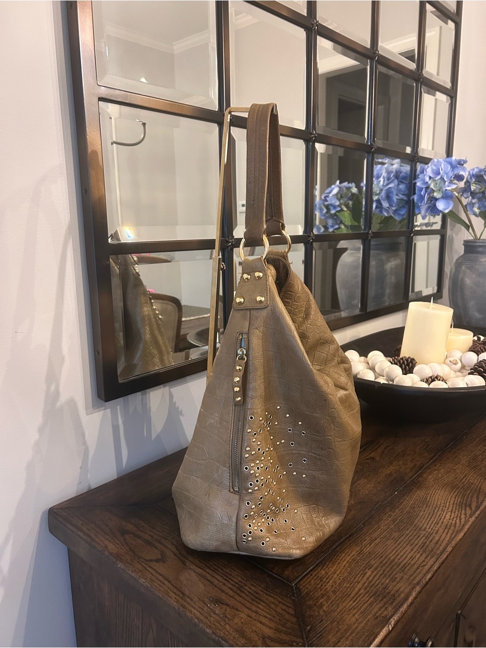 Cynthia Rowley Studded Brown Crocodile-Embossed Leather Hobo Bag - Picture 2 of 10